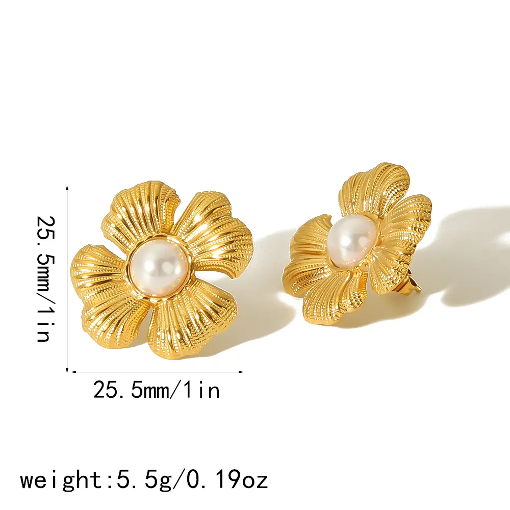 1 Pair Gorgeous Retro Style Flower Shape Stainless Steel 18K Gold Plated Inlay Artificial Pearls Women's Stud Earrings h5 Picture2